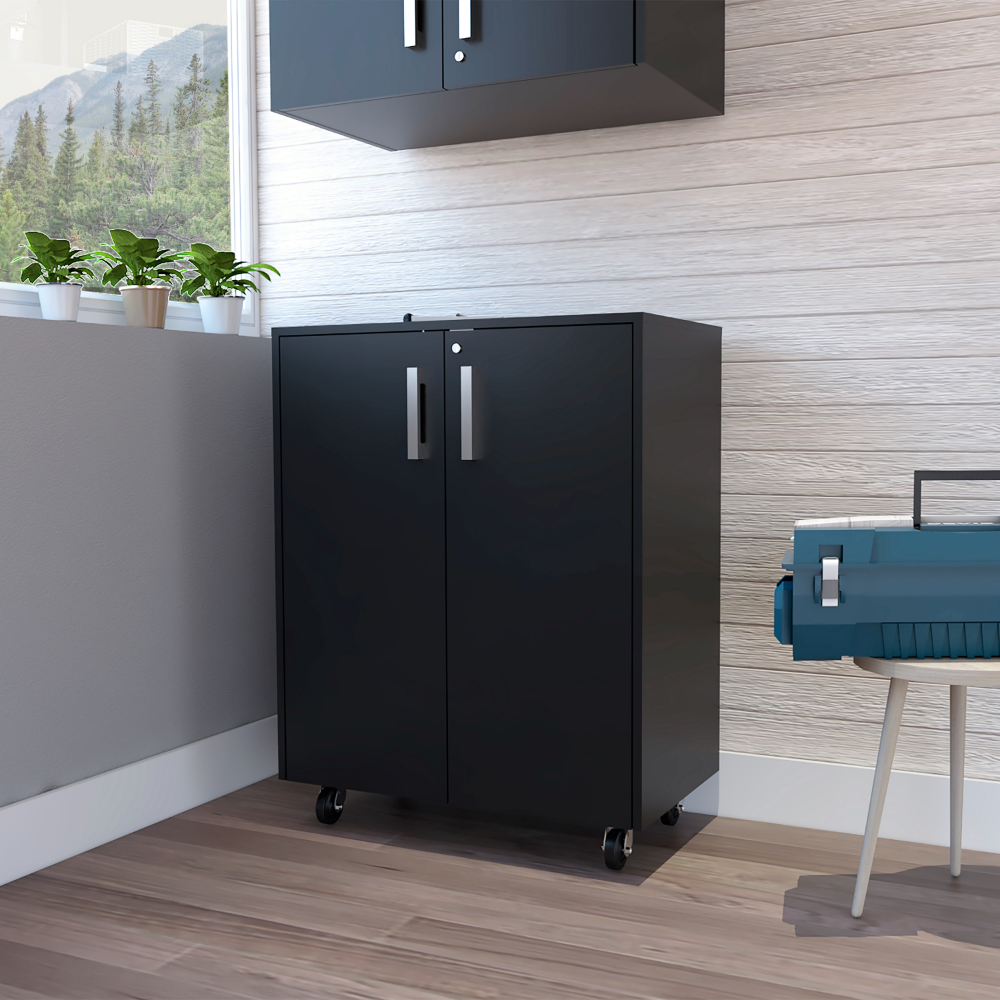3 Drawers Storage Cabinet with Casters in Black Wengue finish, featuring three drawers and a padlock for security.