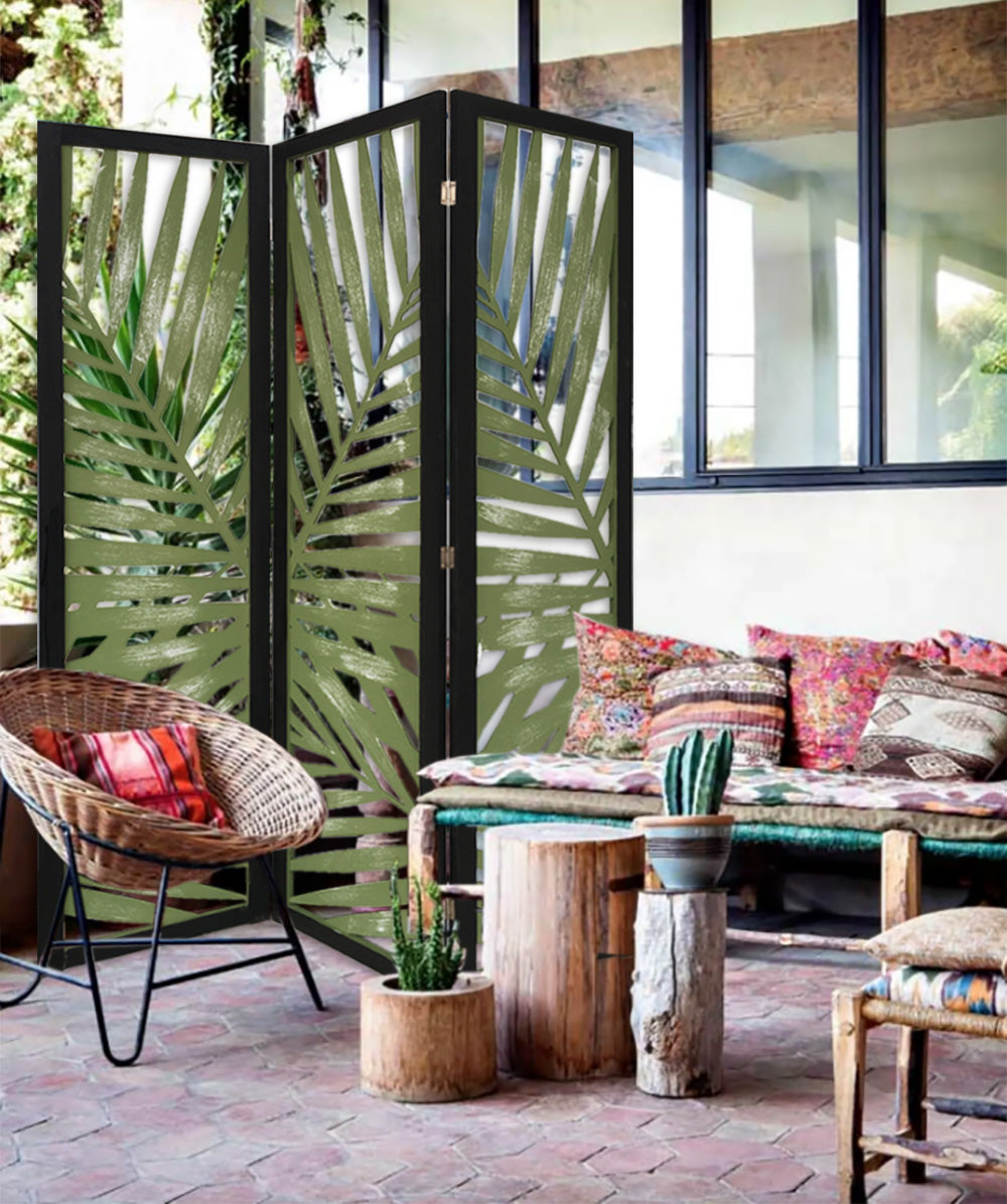 3 Panel Green Room Divider featuring a tropical leaf design, made from solid wood with a soft fabric finish, ideal for indoor and outdoor use.