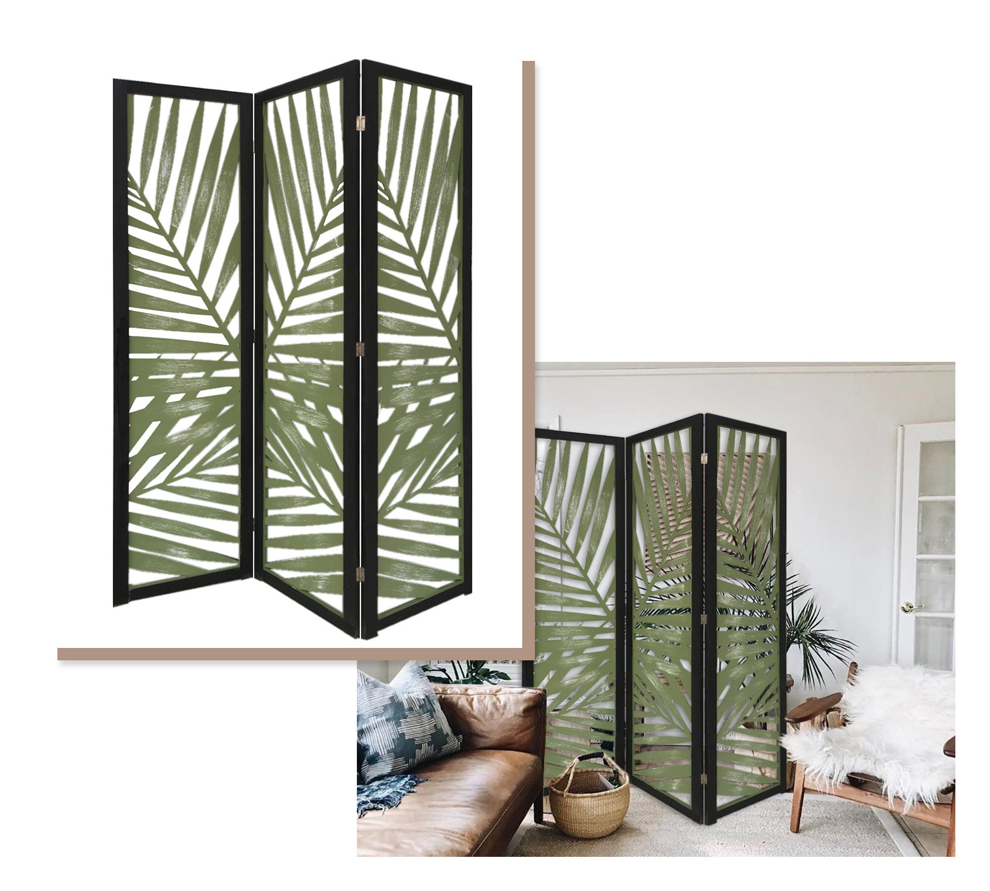 3 Panel Green Room Divider featuring a tropical leaf design, made from solid wood with a soft fabric finish, ideal for indoor and outdoor use.