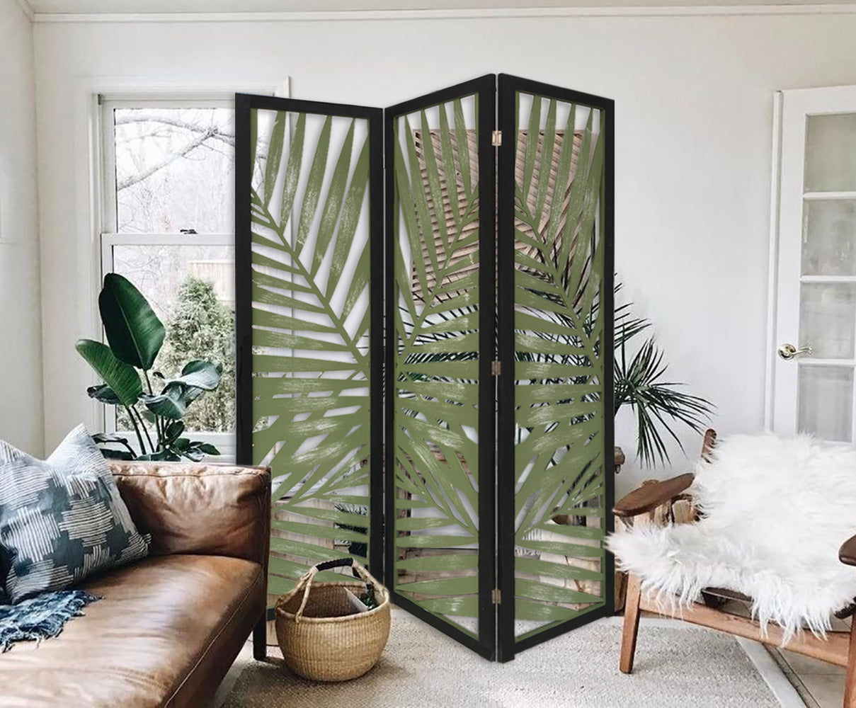 3 Panel Green Room Divider featuring a tropical leaf design, made from solid wood with a soft fabric finish, ideal for indoor and outdoor use.