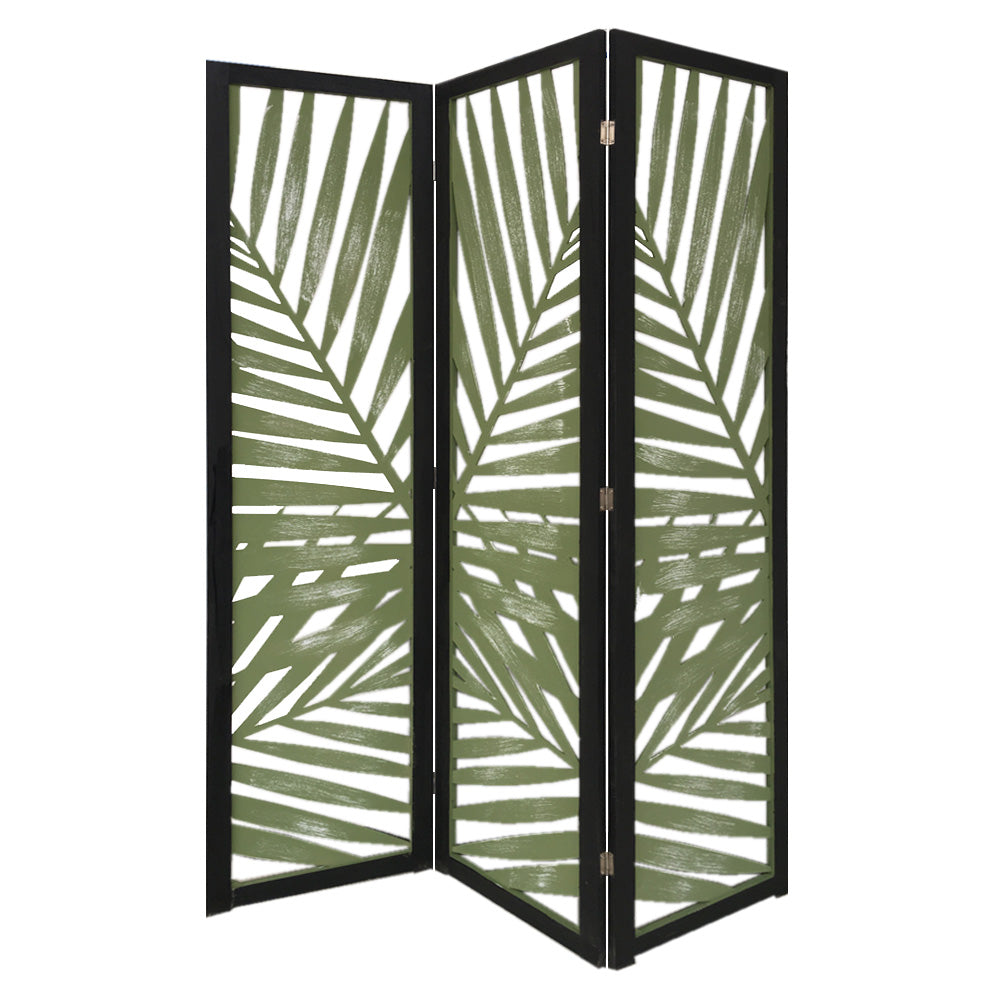 3 Panel Green Room Divider featuring a tropical leaf design, made from solid wood with a soft fabric finish, ideal for indoor and outdoor use.