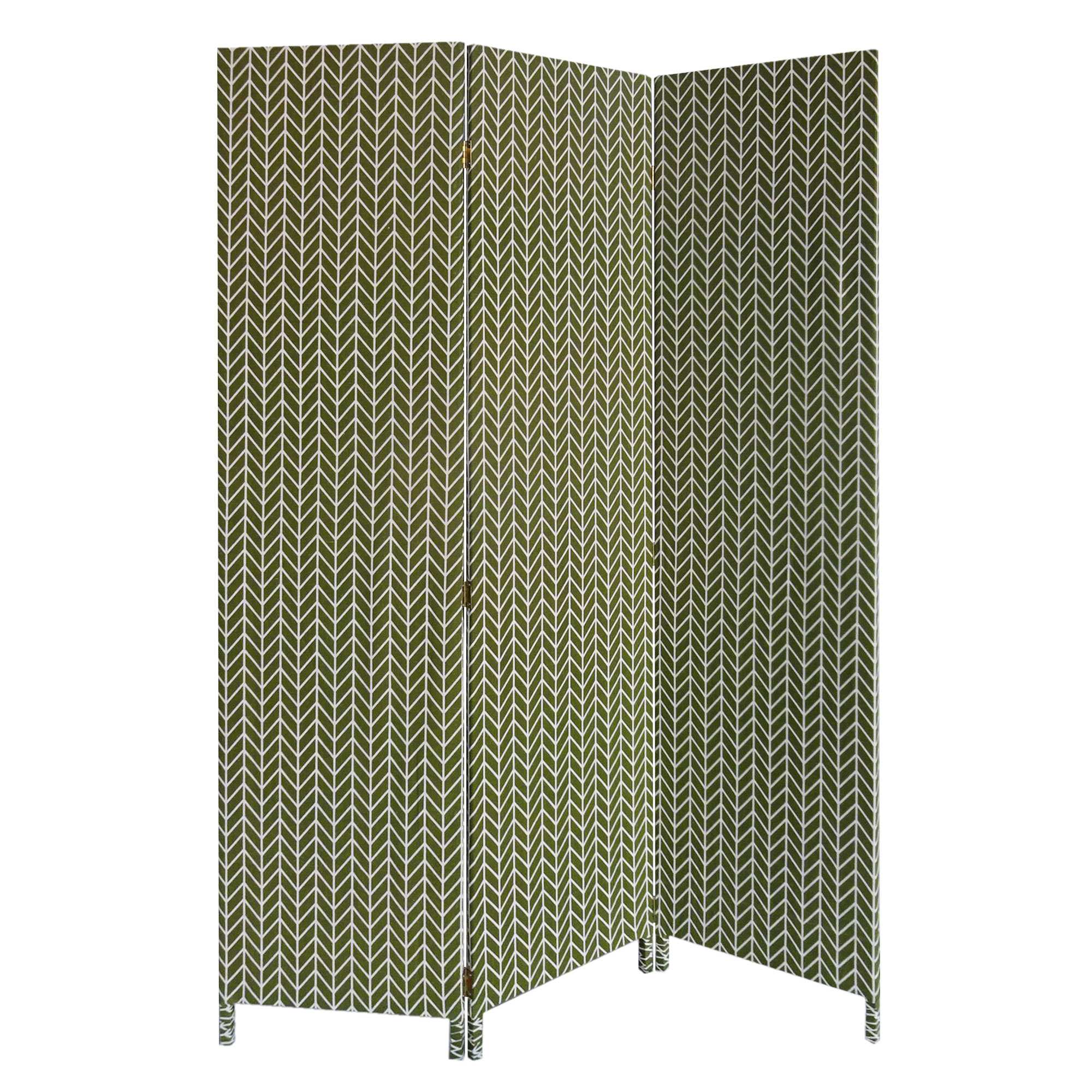 3 panel room divider with olive green chevron fabric finish, showcasing solid wood construction and contemporary design.