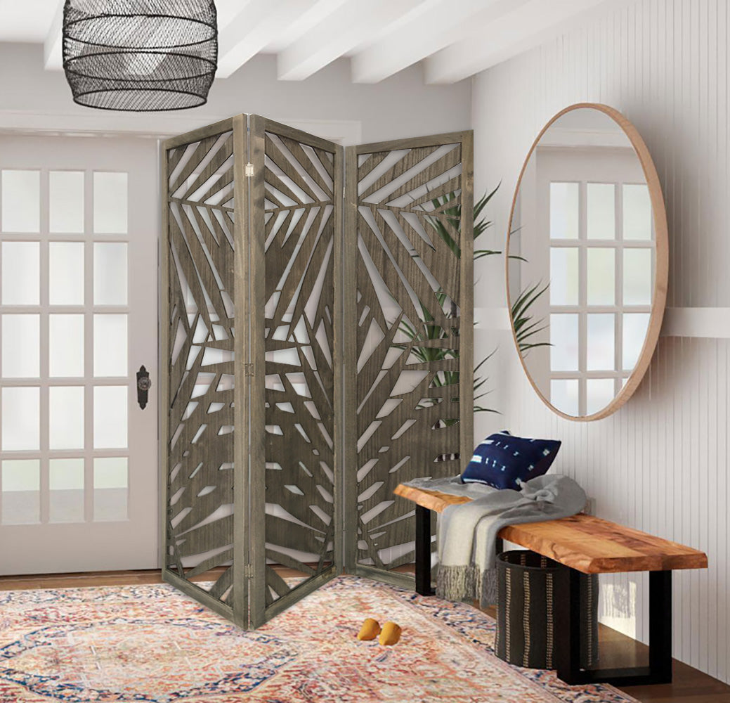 3 Panel Grey Room Divider featuring a tropical leaf design, made from solid wood with a soft fabric finish, ideal for indoor and outdoor use.