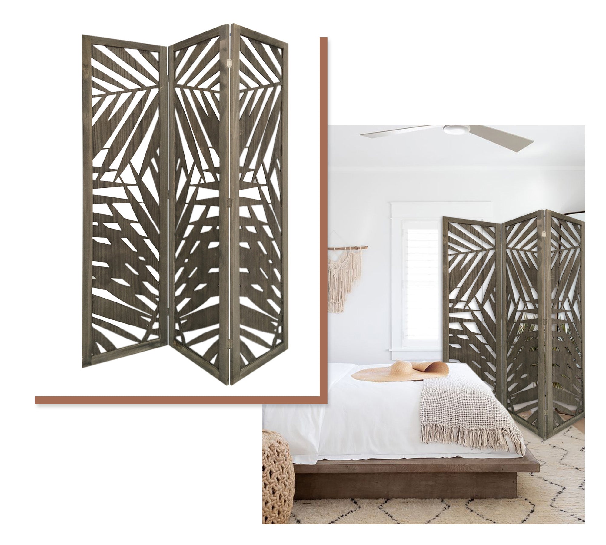 3 Panel Grey Room Divider featuring a tropical leaf design, made from solid wood with a soft fabric finish, ideal for indoor and outdoor use.