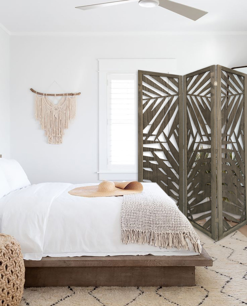 3 Panel Grey Room Divider featuring a tropical leaf design, made from solid wood with a soft fabric finish, ideal for indoor and outdoor use.