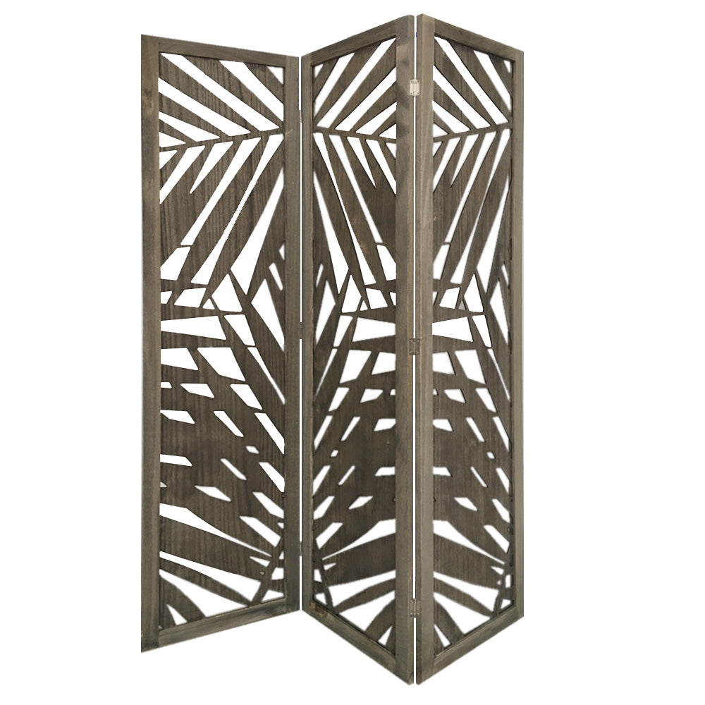 3 Panel Grey Room Divider featuring a tropical leaf design, made from solid wood with a soft fabric finish, ideal for indoor and outdoor use.