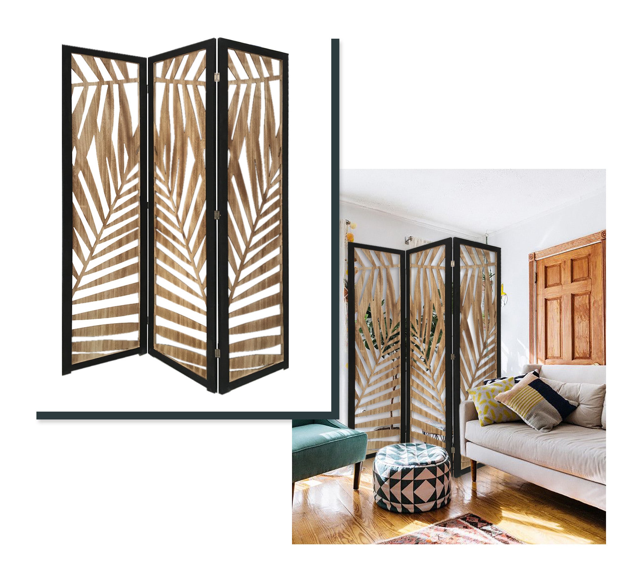 3 Panel Room Divider featuring a tropical leaf design, made of solid wood with a soft fabric finish, ideal for home decor.
