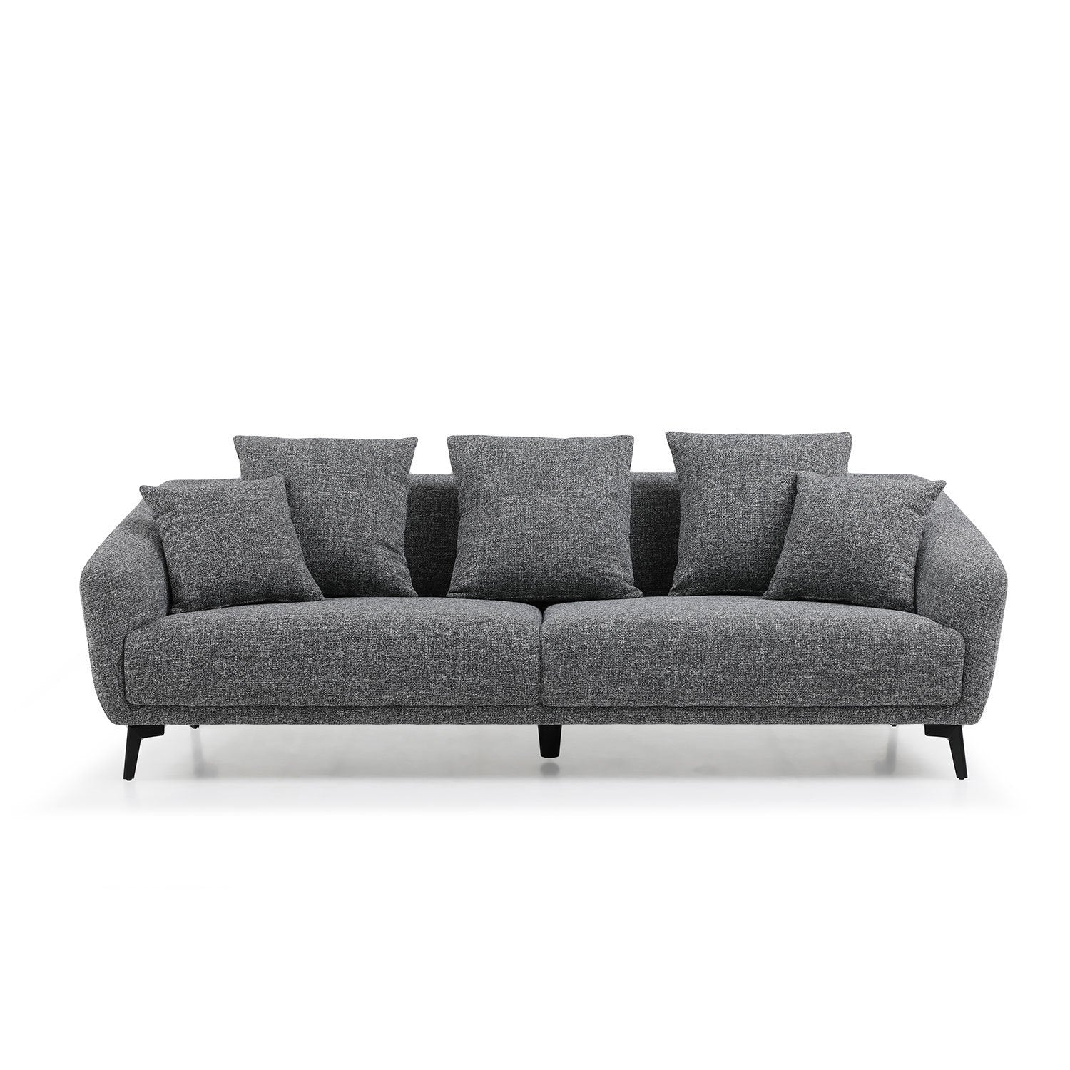 A modern 3 seater sofa couch upholstered in grey fabric with sleek metal legs, showcasing a contemporary design suitable for various living spaces.