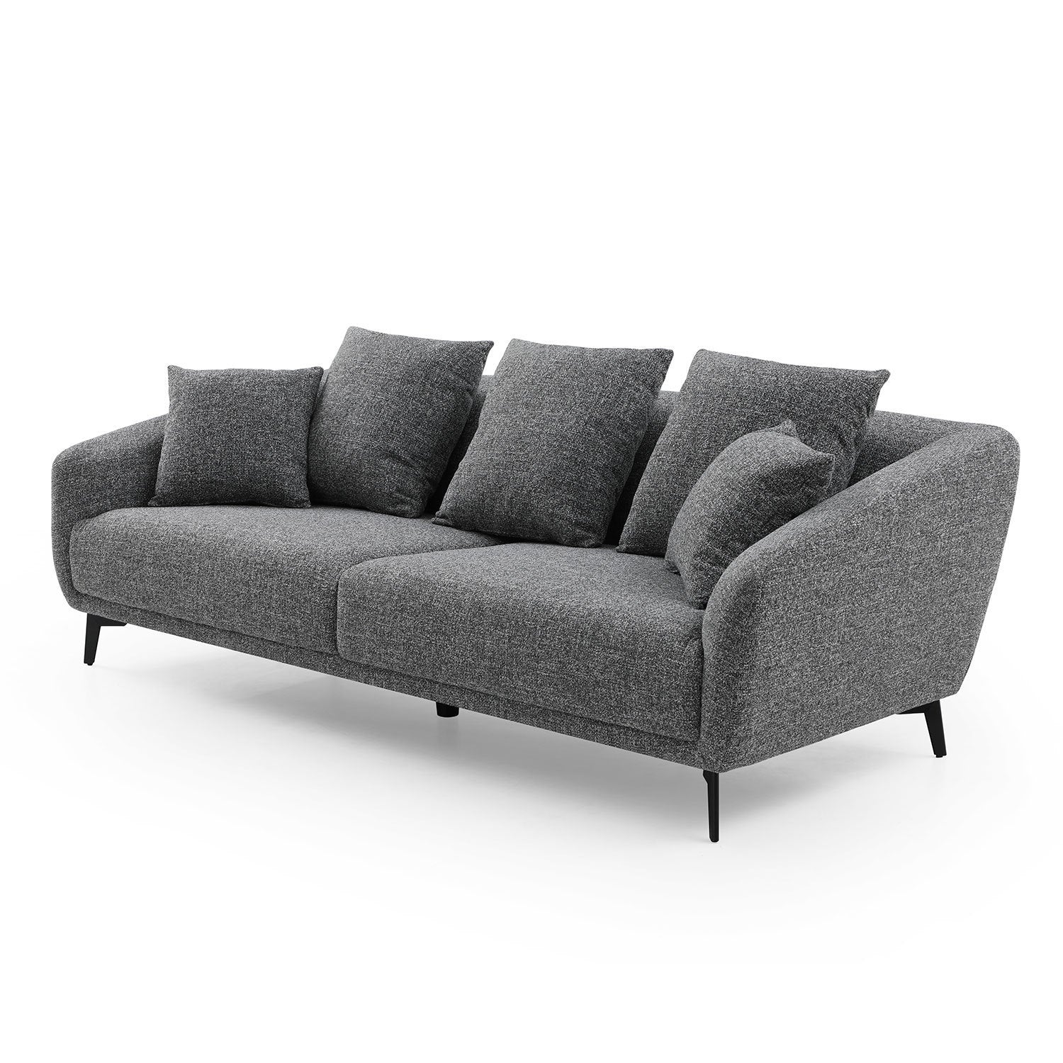 A modern 3 seater sofa couch upholstered in grey fabric with sleek metal legs, showcasing a contemporary design suitable for various living spaces.