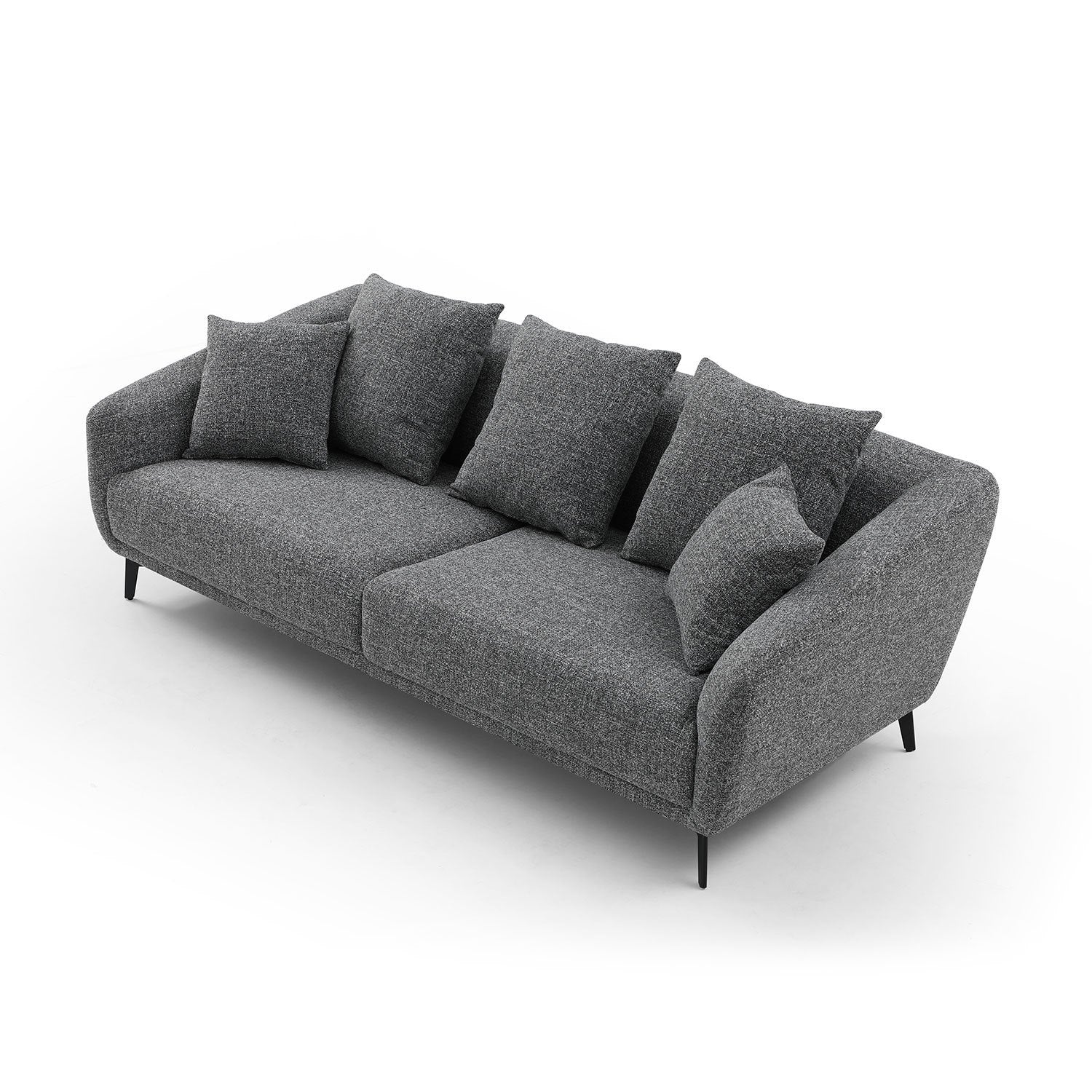 A modern 3 seater sofa couch upholstered in grey fabric with sleek metal legs, showcasing a contemporary design suitable for various living spaces.