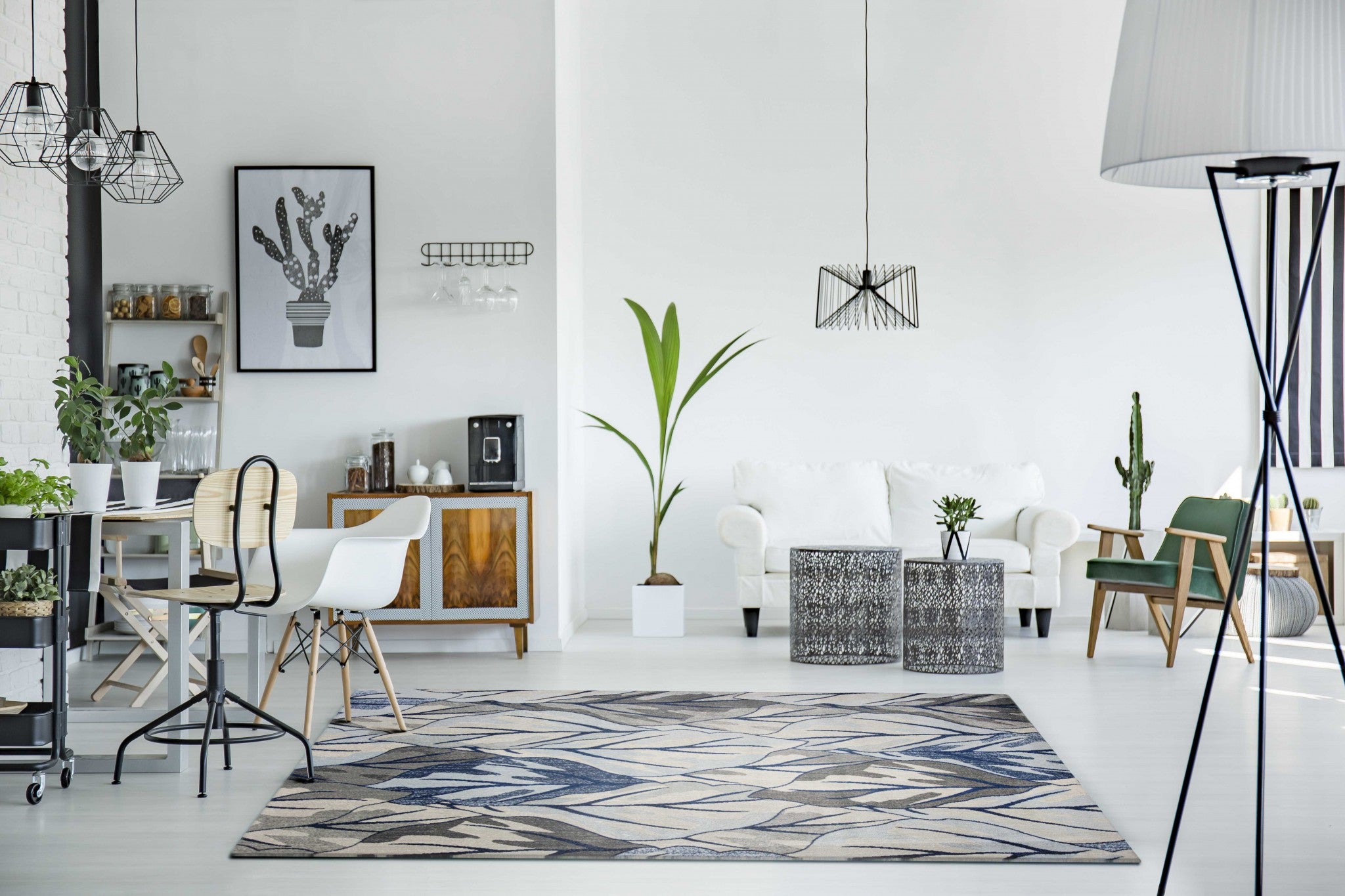 3' x 5' Grey or Navy Leaves Area Rug featuring a contemporary leaves design, perfect for modern home decor.