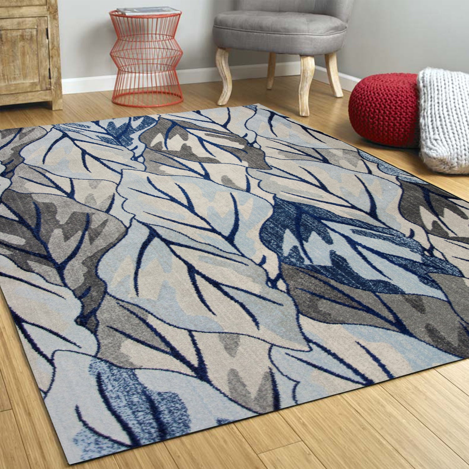 3' x 5' Grey or Navy Leaves Area Rug featuring a contemporary leaves design, perfect for modern home decor.
