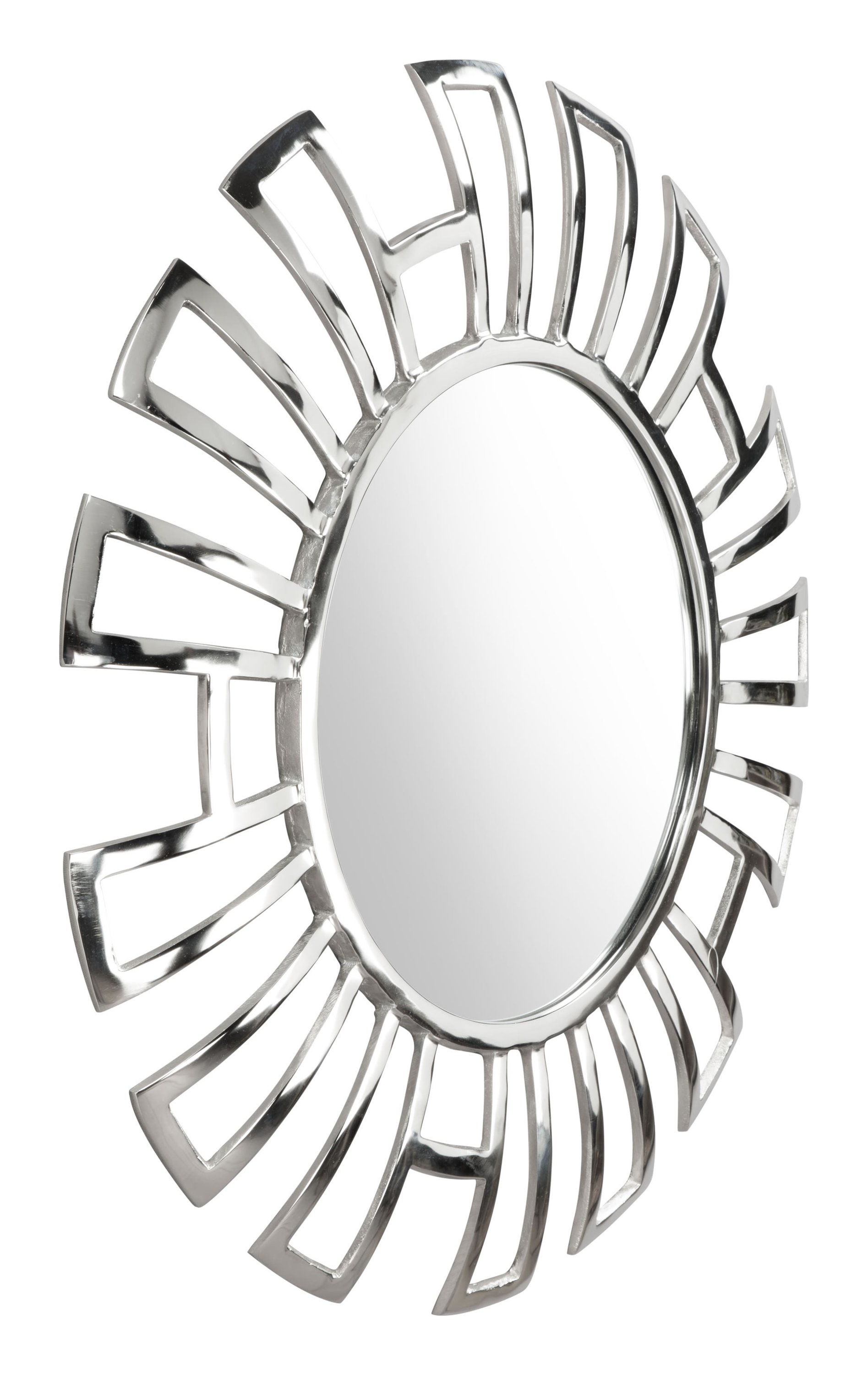 A stylish 30.3-inch round aluminum mirror with a sleek design, reflecting light and enhancing the decor of any room.