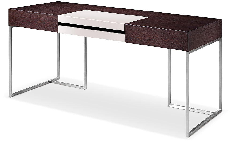 30-inch Brown Oak and Grey Veneer desk featuring a glass top and stainless steel accents, designed for modern office spaces.
