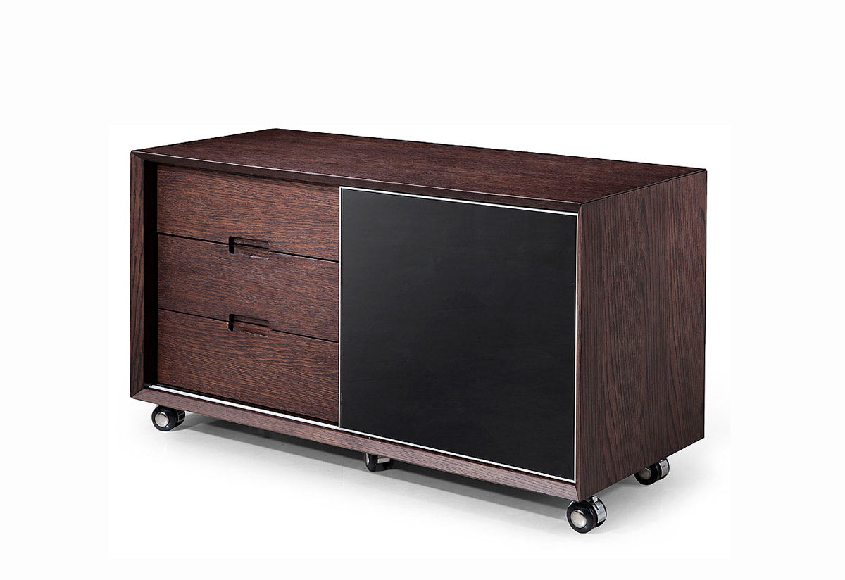 30-inch Brown Oak and Grey Veneer desk featuring a glass top and stainless steel accents, designed for modern office spaces.