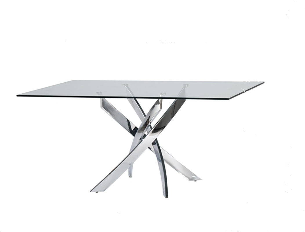 30-inch glass and steel rectangular dining table showcasing a sleek design with a glass top and sturdy steel frame, perfect for modern dining rooms.
