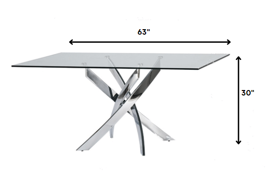 30-inch glass and steel rectangular dining table showcasing a sleek design with a glass top and sturdy steel frame, perfect for modern dining rooms.