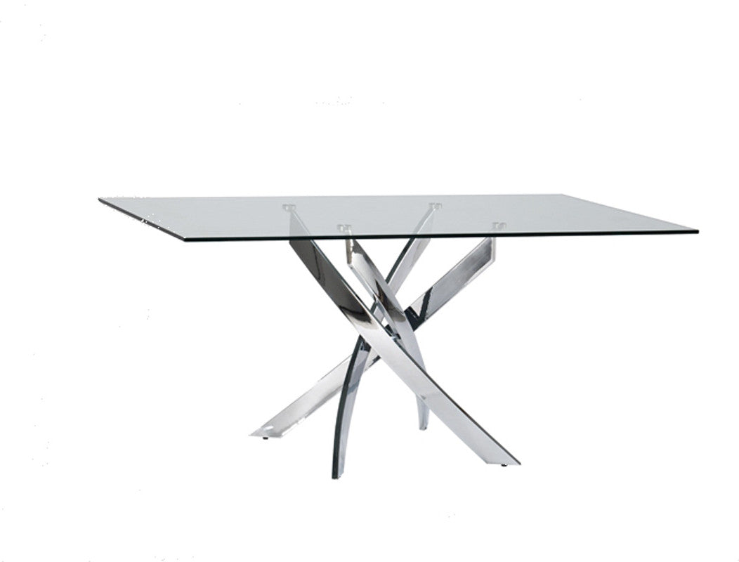 30-inch glass and steel rectangular dining table showcasing a sleek design with a glass top and sturdy steel frame, perfect for modern dining rooms.