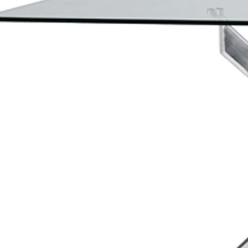 30-inch glass and steel rectangular dining table showcasing a sleek design with a glass top and sturdy steel frame, perfect for modern dining rooms.