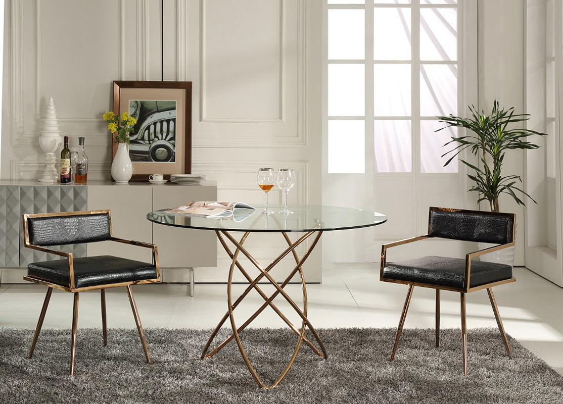 30-inch Rosegold Stainless Steel and Glass Dining Table showcasing a modern design with a sleek glass top and sturdy rosegold stainless steel frame.
