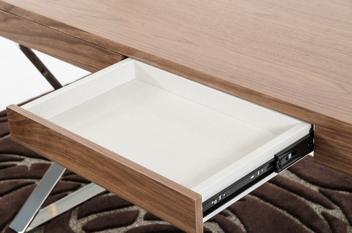 30-inch walnut veneer and steel office desk showcasing a modern design with a spacious work surface and sturdy construction.