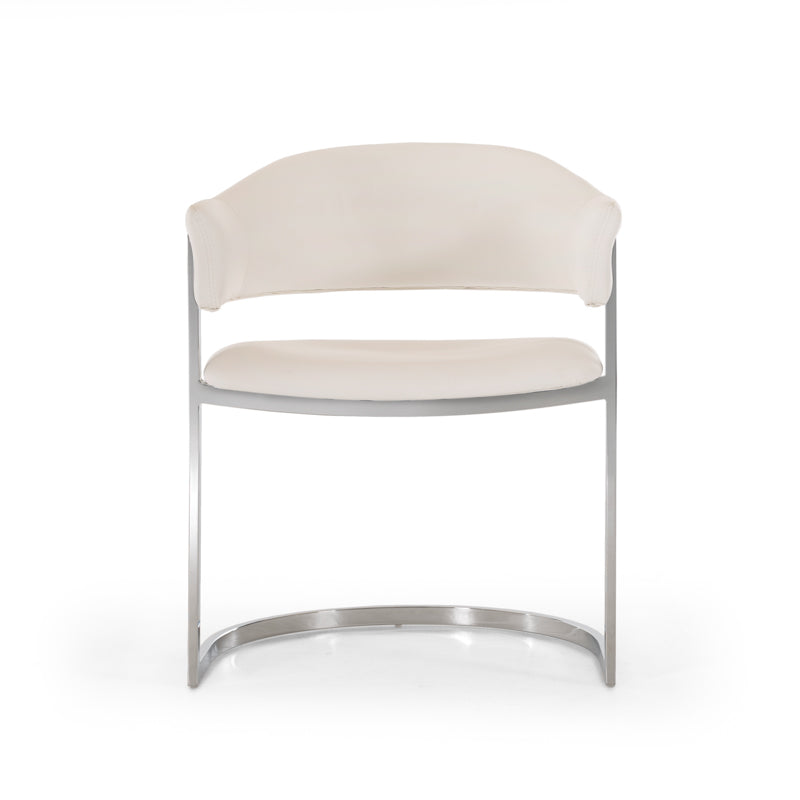 30-inch white leatherette dining chair with stainless steel legs, showcasing a modern and elegant design suitable for dining rooms.