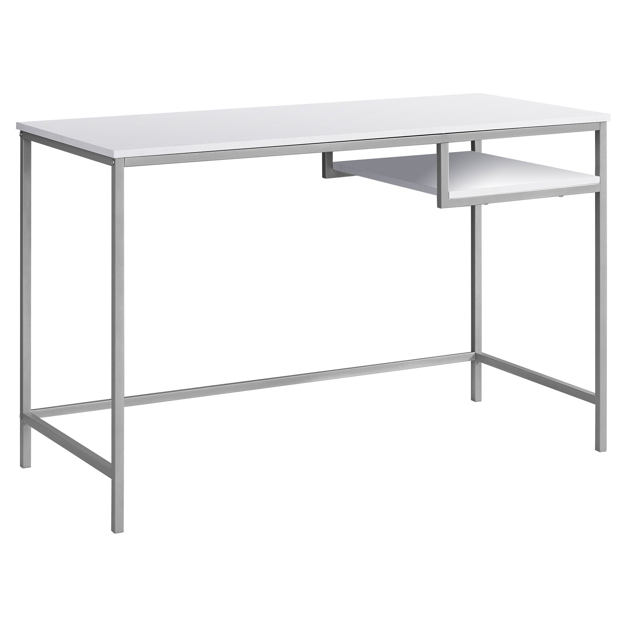 30-inch white MDF and metal computer desk with open shelf, perfect for home office use.
