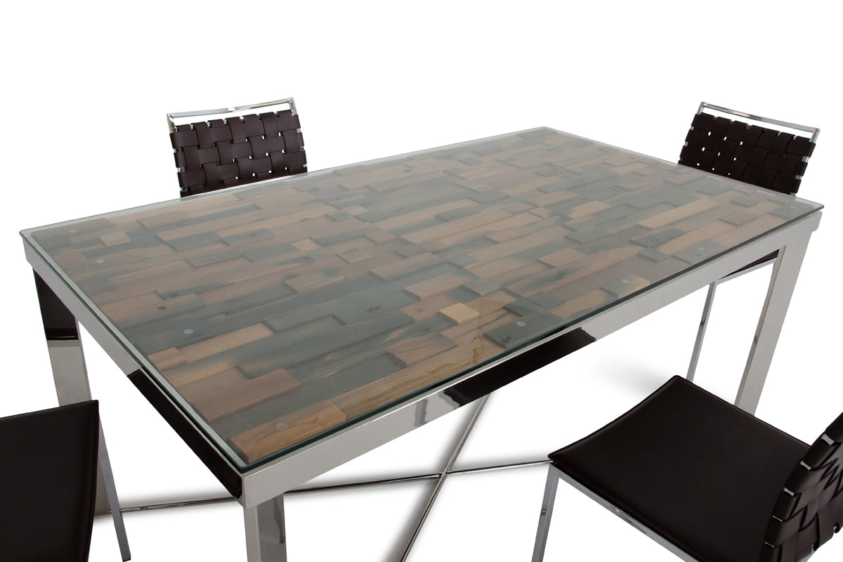 30-inch dining table made of wood, steel, and glass, featuring a modern design suitable for dining rooms.