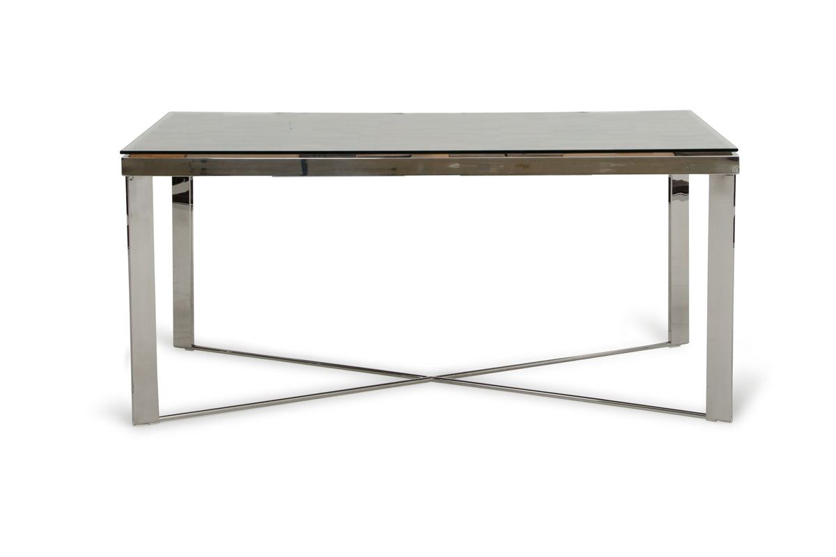 30-inch dining table made of wood, steel, and glass, featuring a modern design suitable for dining rooms.