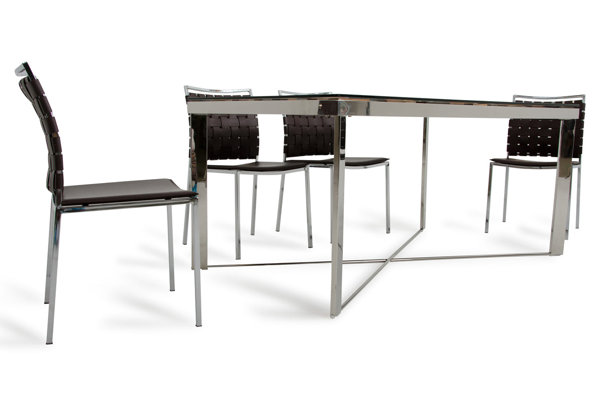 30-inch dining table made of wood, steel, and glass, featuring a modern design suitable for dining rooms.