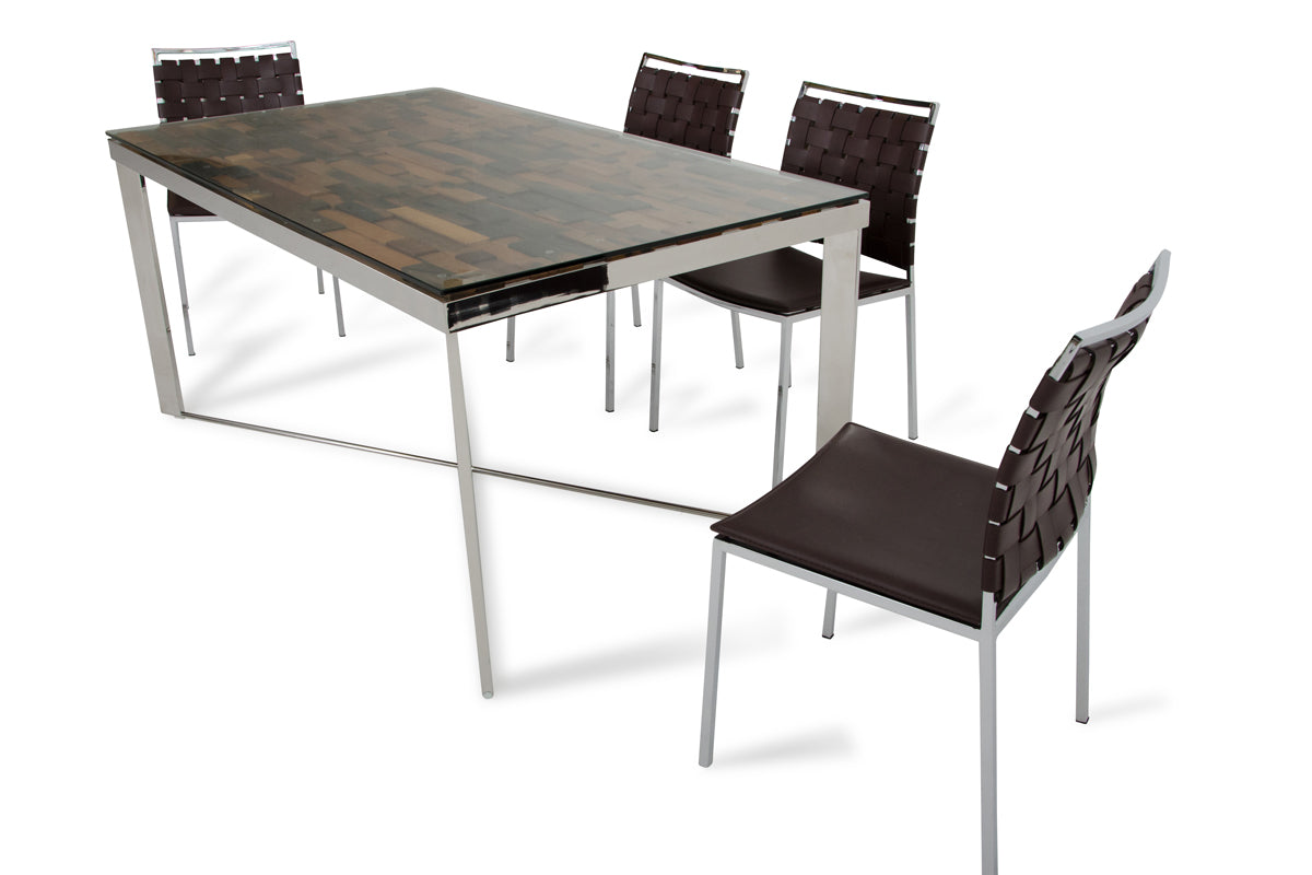 30-inch dining table made of wood, steel, and glass, featuring a modern design suitable for dining rooms.
