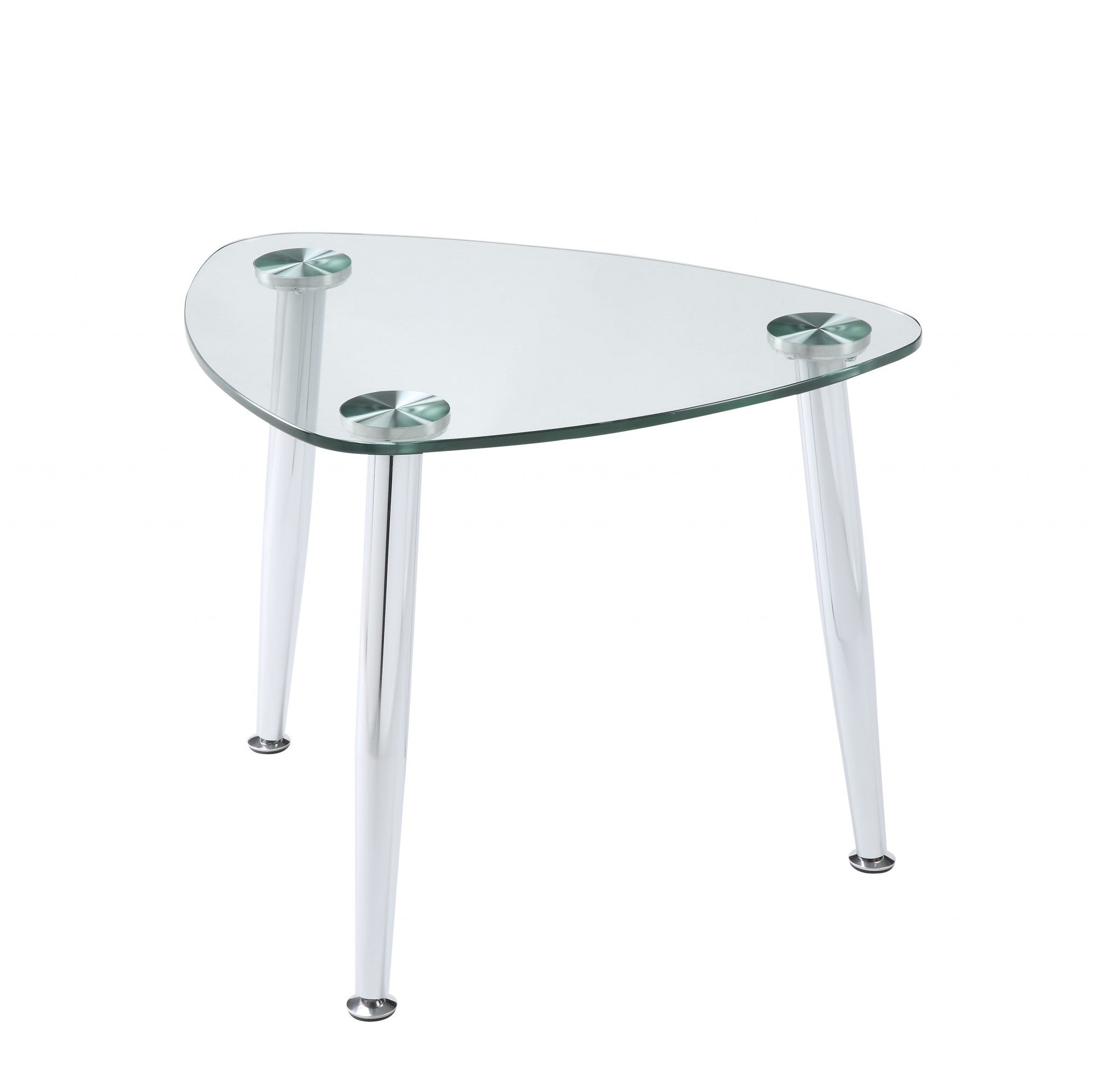 Elegant chrome and clear glass end table with a sleek design, featuring a tempered glass top and metal tapered legs.