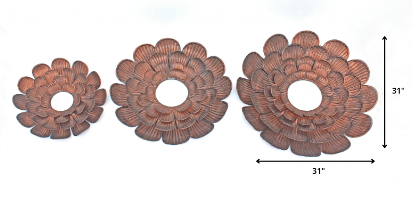 A stunning 31 x 31 x 3.5 Copper Vintage Blooming Flower Metal Wall Mirror featuring a unique flower shape and antiqued copper finish, perfect for home decor.