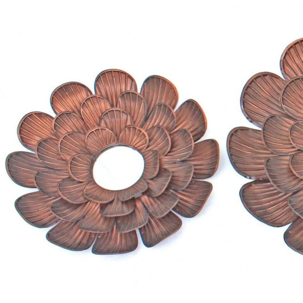 A stunning 31 x 31 x 3.5 Copper Vintage Blooming Flower Metal Wall Mirror featuring a unique flower shape and antiqued copper finish, perfect for home decor.