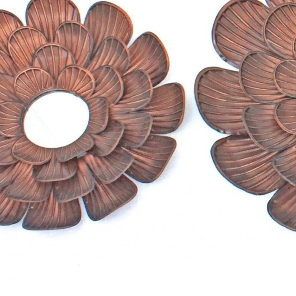 A stunning 31 x 31 x 3.5 Copper Vintage Blooming Flower Metal Wall Mirror featuring a unique flower shape and antiqued copper finish, perfect for home decor.