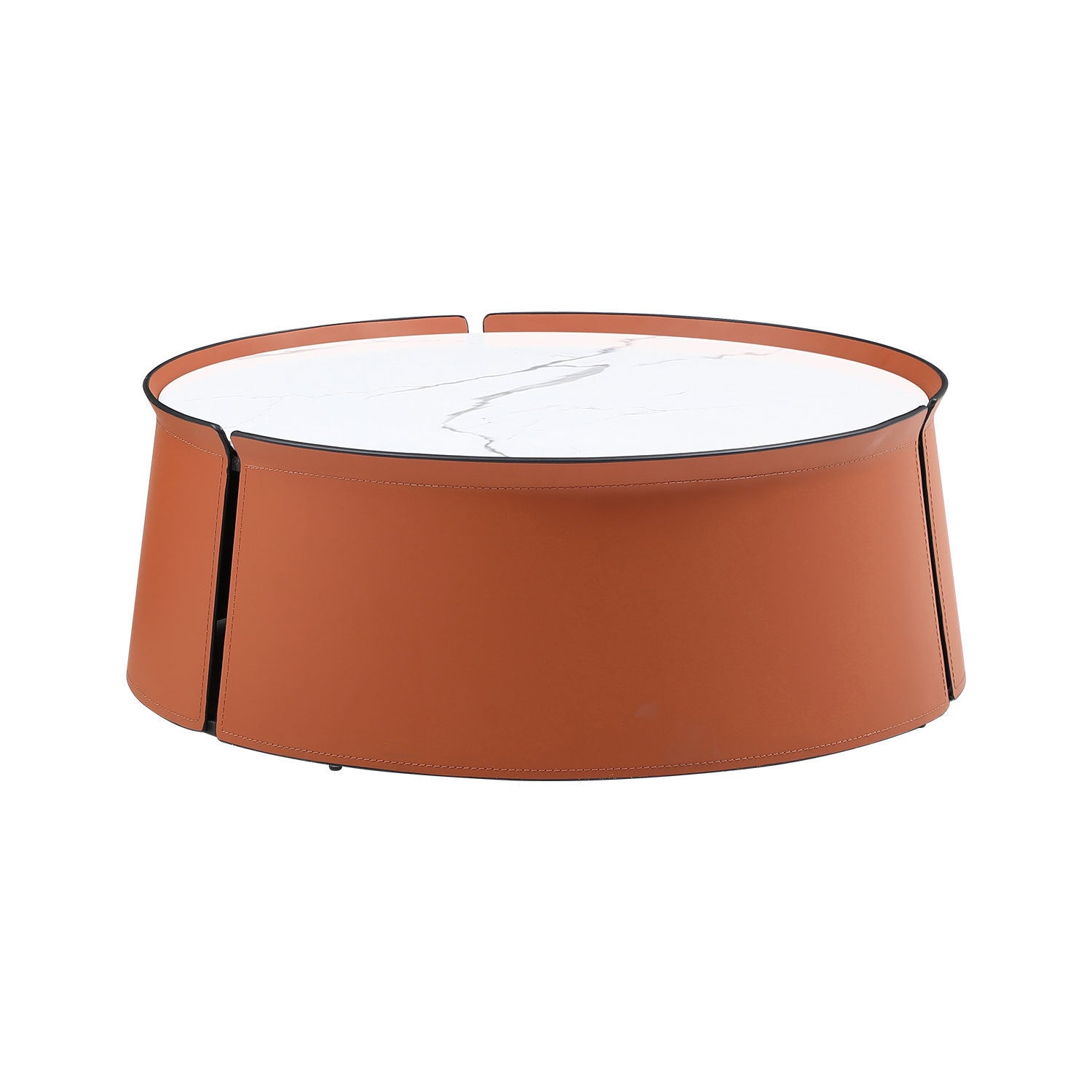 A stylish 31.5-inch coffee table featuring a luxurious marble top, vibrant orange saddle leather body, and a sturdy iron frame, perfect for modern living spaces.
