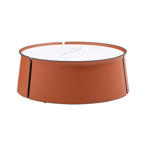 A stylish 31.5-inch coffee table featuring a luxurious marble top, orange saddle leather body, and a sturdy iron frame, perfect for modern living spaces.