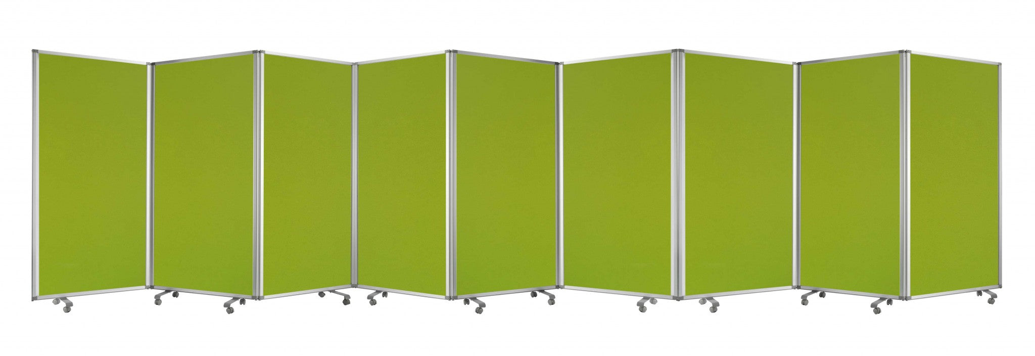 A green metal 9 panel accordion style room divider with wheels, showcasing high-quality fabric finish on both sides.