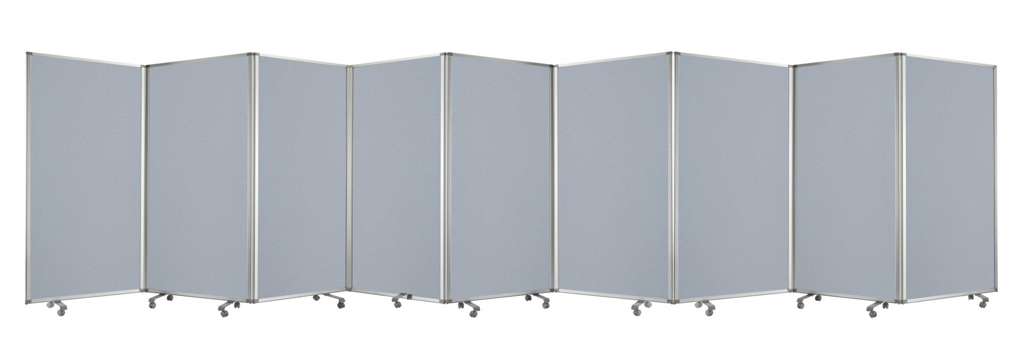 A green metal 9 panel accordion style room divider with wheels, showcasing high-quality fabric finish on both sides.