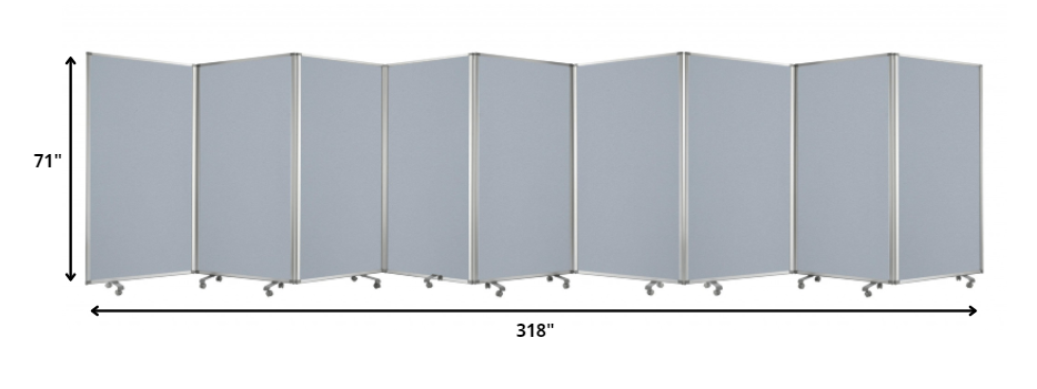 A green metal 9 panel accordion style room divider with wheels, showcasing high-quality fabric finish on both sides.
