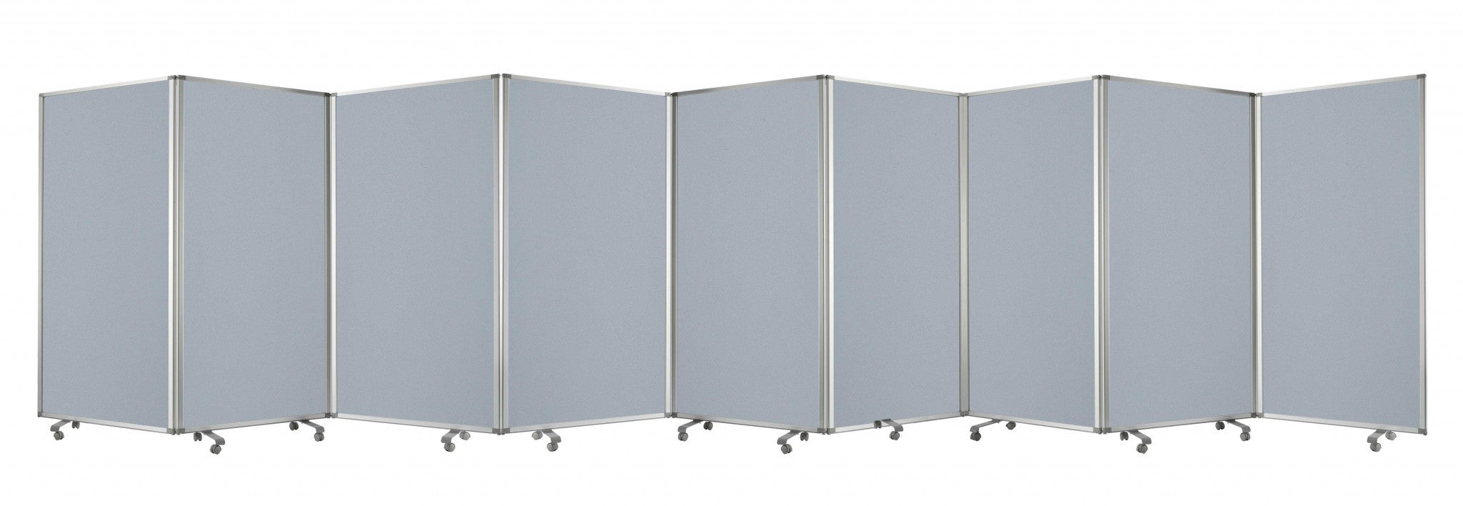 A green metal 9 panel accordion style room divider with wheels, showcasing high-quality fabric finish on both sides.