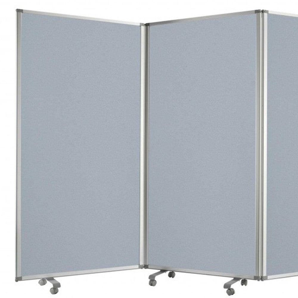 A green metal 9 panel accordion style room divider with wheels, showcasing high-quality fabric finish on both sides.
