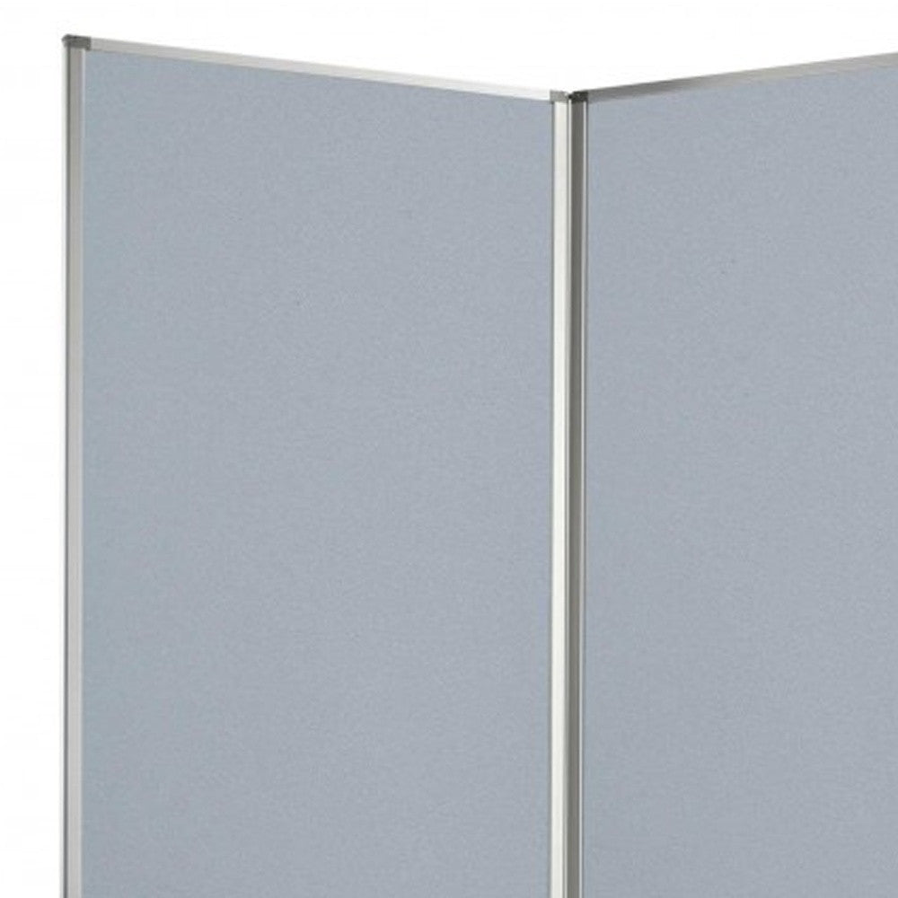 A green metal 9 panel accordion style room divider with wheels, showcasing high-quality fabric finish on both sides.