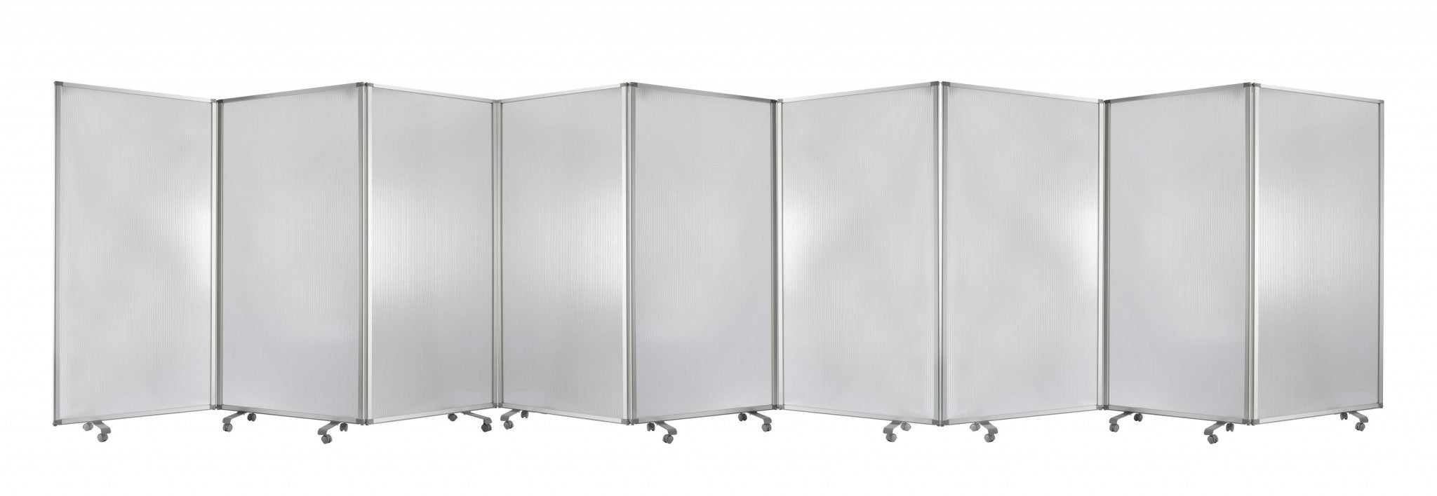 A green metal 9 panel accordion style room divider with wheels, showcasing high-quality fabric finish on both sides.