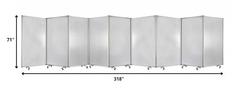 A green metal 9 panel accordion style room divider with wheels, showcasing high-quality fabric finish on both sides.