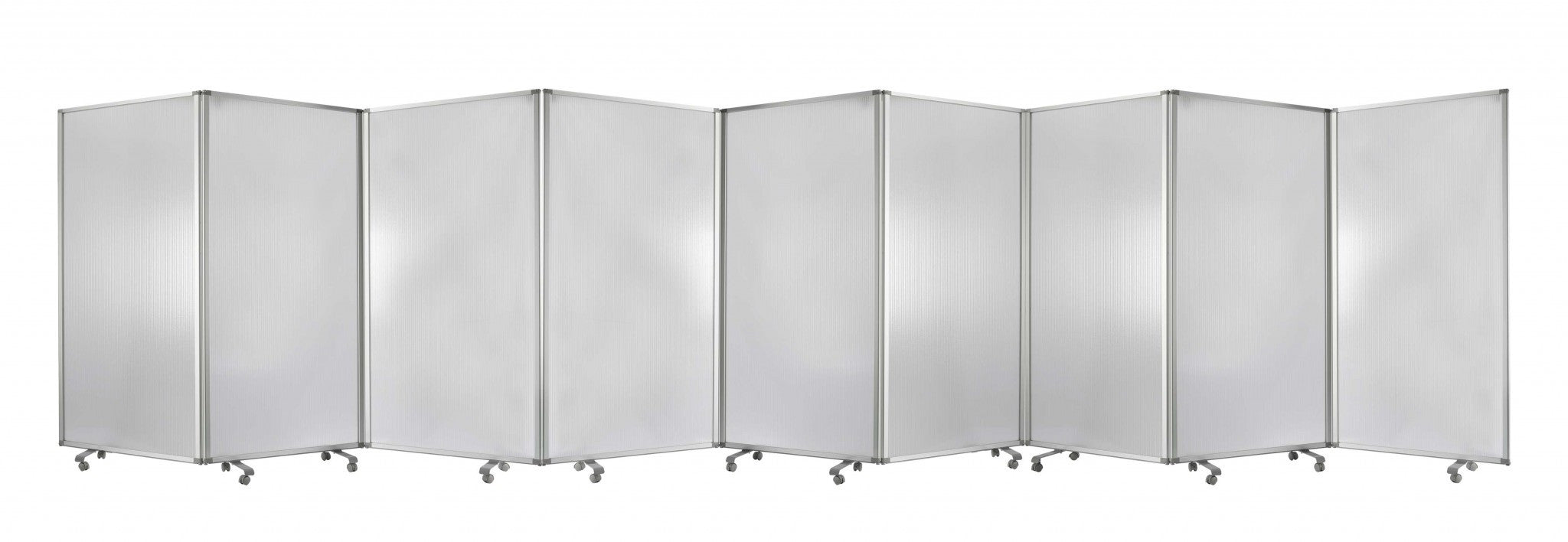 A green metal 9 panel accordion style room divider with wheels, showcasing high-quality fabric finish on both sides.