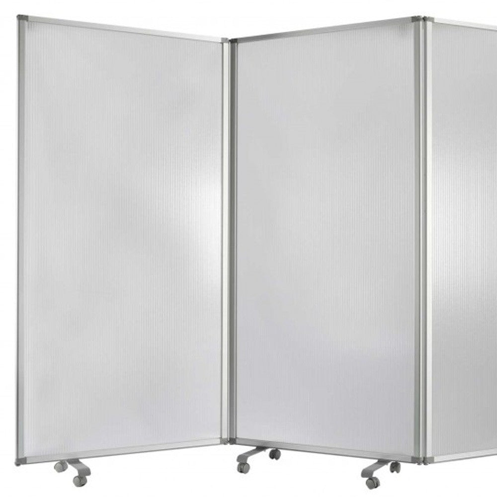 A green metal 9 panel accordion style room divider with wheels, showcasing high-quality fabric finish on both sides.