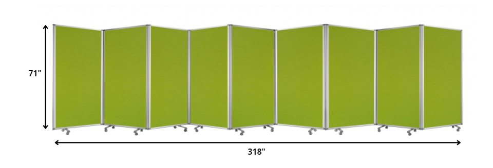 A green metal 9 panel accordion style room divider with wheels, showcasing high-quality fabric finish on both sides.