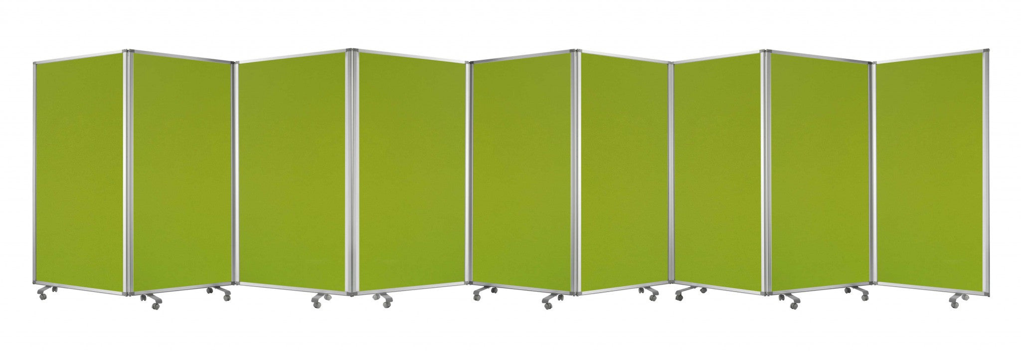 A green metal 9 panel accordion style room divider with wheels, showcasing high-quality fabric finish on both sides.