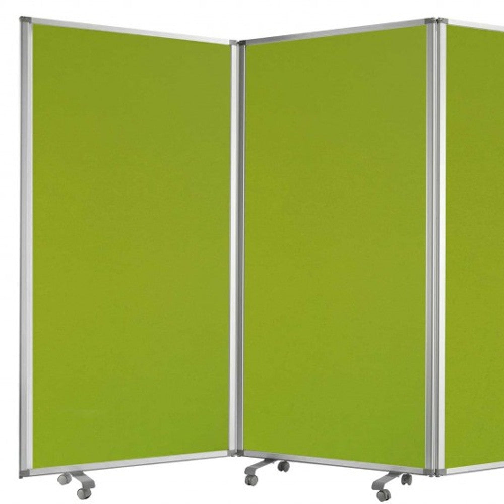 A green metal 9 panel accordion style room divider with wheels, showcasing high-quality fabric finish on both sides.
